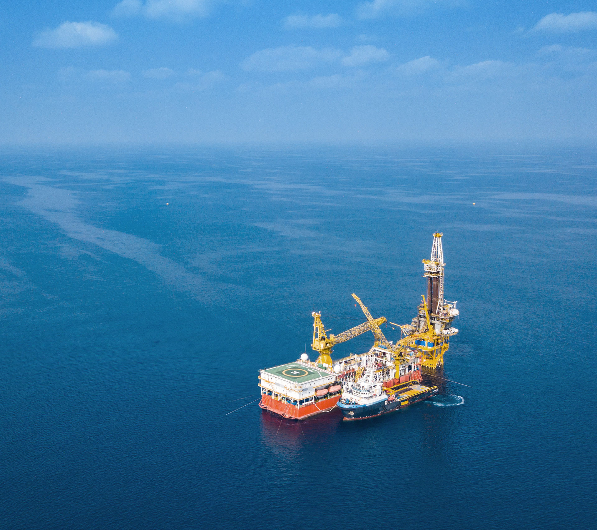 Aerial view of barge oil rig